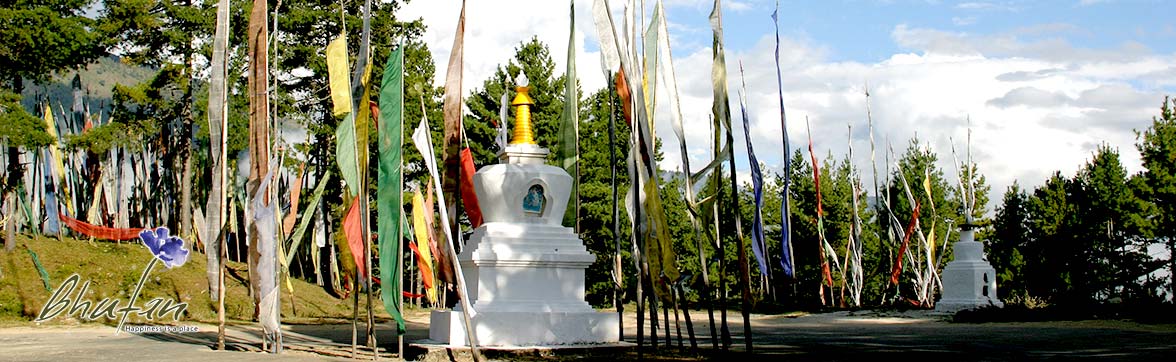 Central Bhutan Tour Stupa with prayer flags Central Bhutan Tour