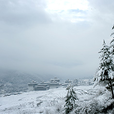Snow-clad Tashi cho Dzong Thimphu Bhutan 